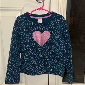 BCG Teal Heart Pattern Sweatshirt with Pink Glitter Heart